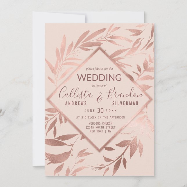 Elegant Rose Gold Pink Floral Leaves Wedding Invitation (Front)