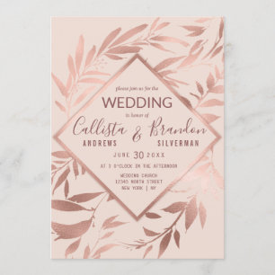 Elegant Rose Gold Pink Floral Leaves Wedding Invitation