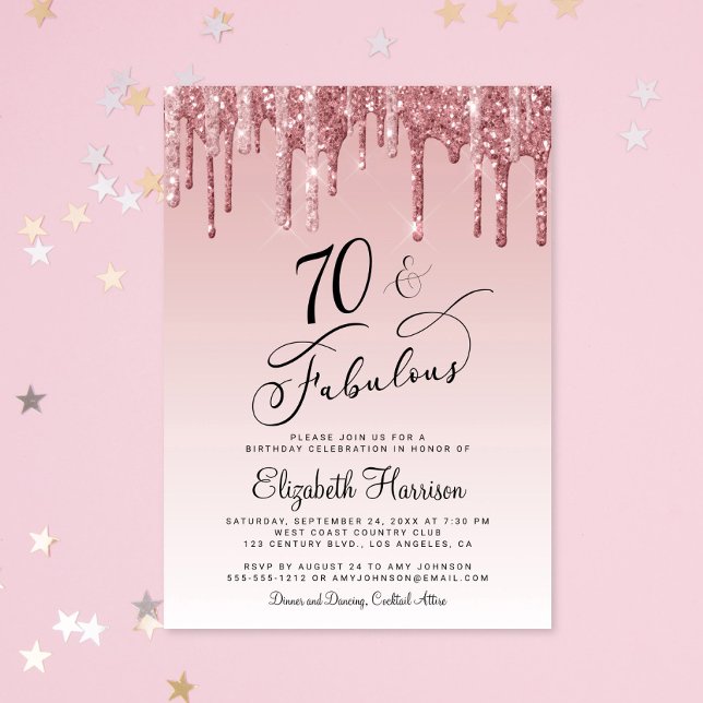 Elegant Rose Gold Pink Glitter 70th Birthday Party Invitation (Creator Uploaded)