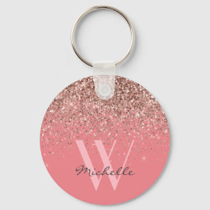 Elegant Rose Gold Pink Glitter Monogram Name Key Ring