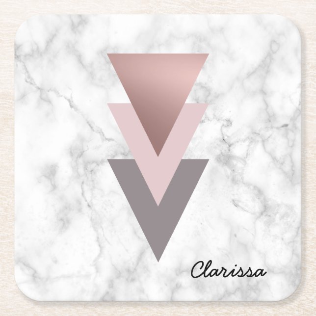 elegant rose gold pink grey triangles white marble square paper coaster (Front)