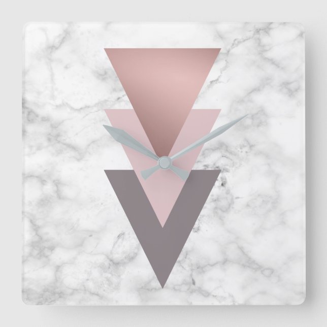 elegant rose gold pink grey triangles white marble square wall clock (Front)