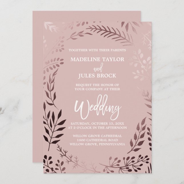 Elegant Rose Gold & Pink Leafy All In One Wedding Invitation (Front/Back)