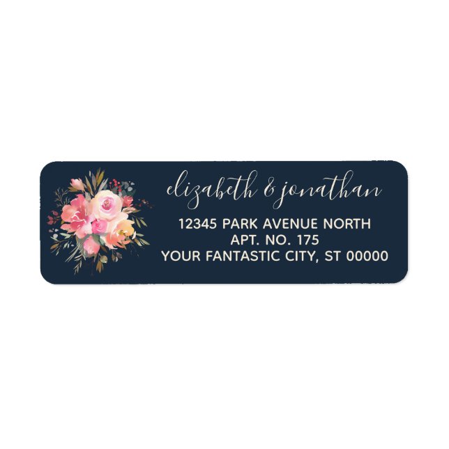 Elegant Rose Gold Pink Peonies Navy Return Address (Front)