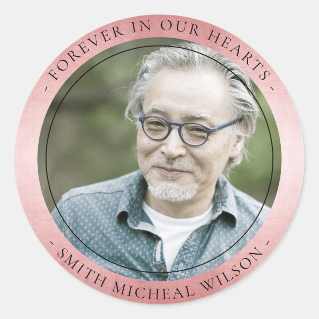 Elegant Rose Gold Pink Sympathy Memorial Photo Classic Round Sticker (Front)