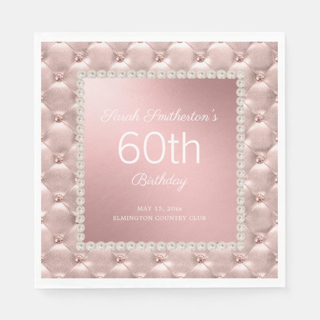 Elegant Rose Gold Pink Tufted Pearls 60th Birthday Napkin (Front)