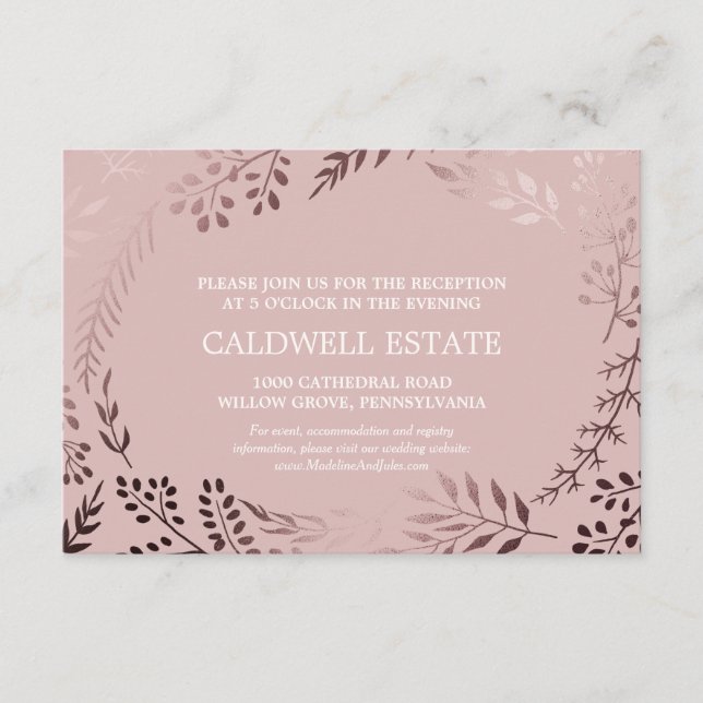 Elegant Rose Gold & Pink Wedding Reception Card (Front)