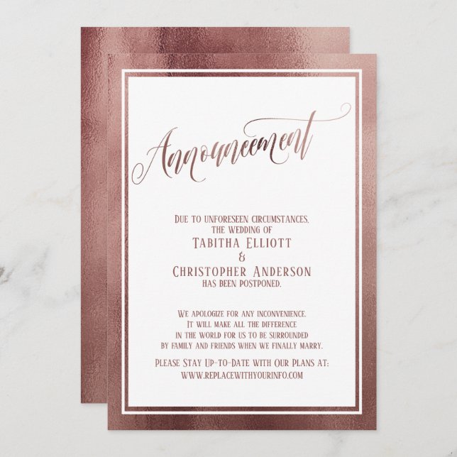 Elegant Rose Gold Postponed Wedding Announcement (Front/Back)