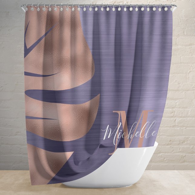 Elegant Rose Gold Purple Palm Leaf Monogram Shower Curtain (Creator Uploaded)