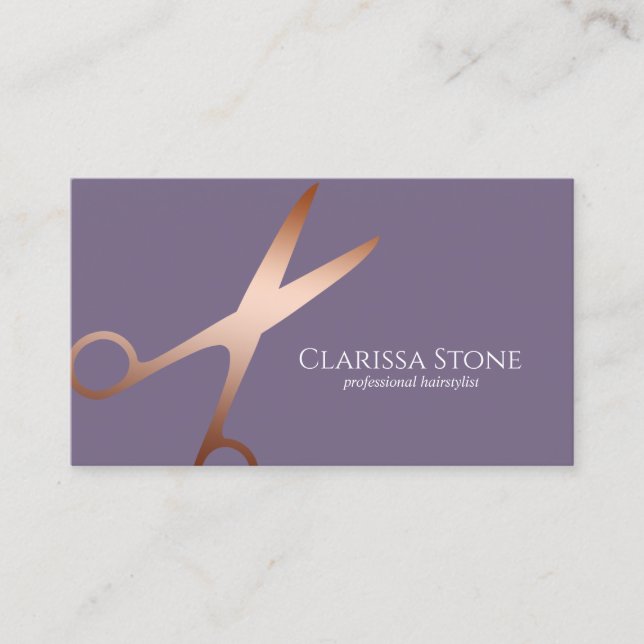 Elegant rose gold & purple scissors hairstylist business card (Front)