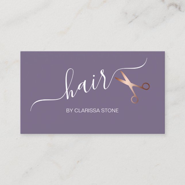 Elegant rose gold & purple scissors hairstylist business card (Front)