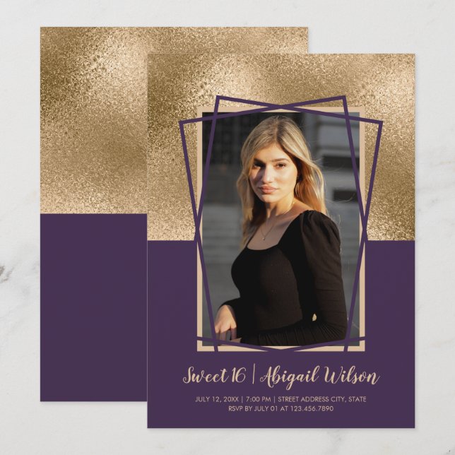 Elegant rose gold purple sweet sixteen birthday invitation (Front/Back)