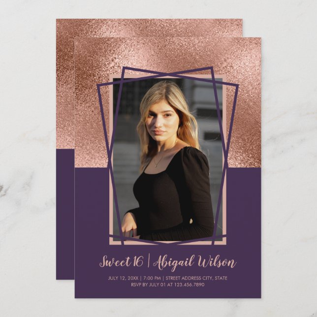 Elegant rose gold purple sweet sixteen birthday invitation (Front/Back)