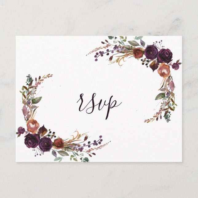 Elegant Rose Gold Purple Wedding RSVP Postcard (Front)