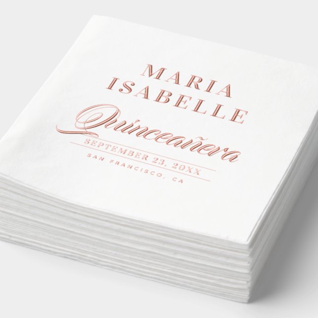 Elegant Rose Gold Quinceanera Birthday Party Foil Napkins (Detail)