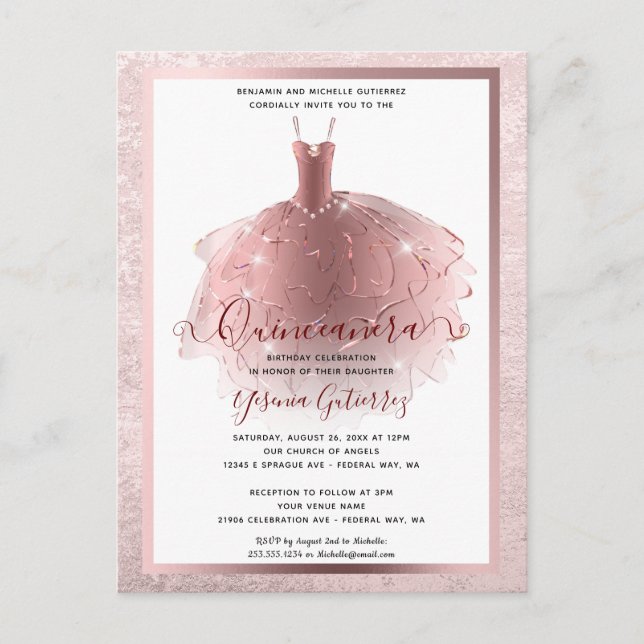 Elegant Rose Gold Quinceañera Dress Postcard (Front)