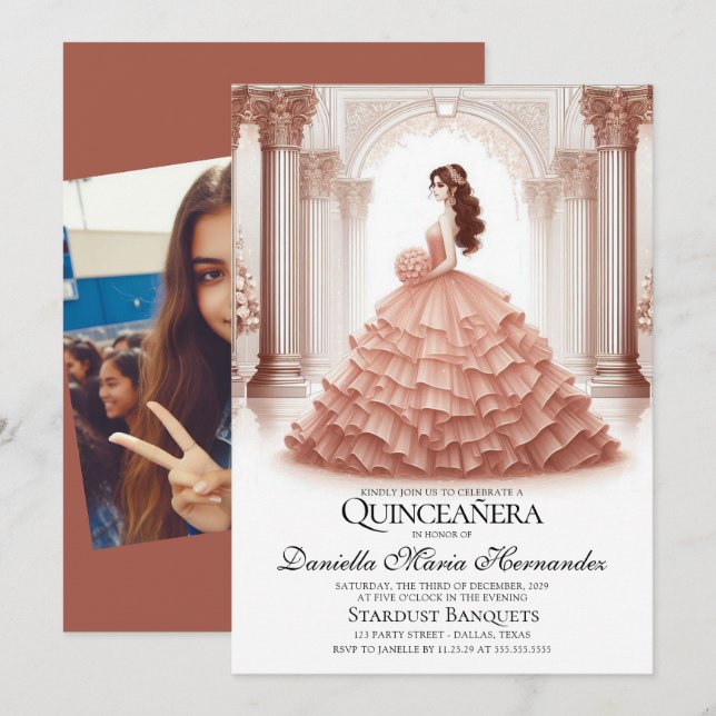 Elegant Rose Gold Quinceañera Invitation (Front/Back)