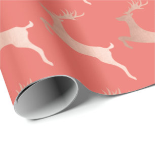 Elegant Rose Gold Red Christmas Reindeer Pattern Wrapping Paper