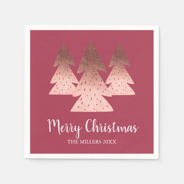 Elegant rose gold & red Merry Christmas tree Napkin (Front)