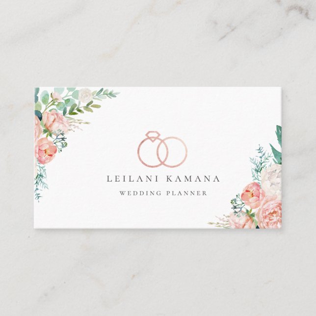 Elegant Rose Gold Rings Floral Business Card (Front)