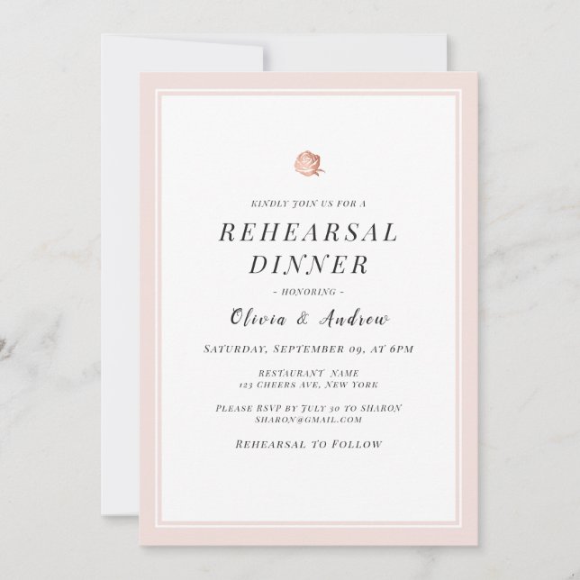 Elegant Rose gold rose minimalist Rehearsal Dinner Invitation (Front)