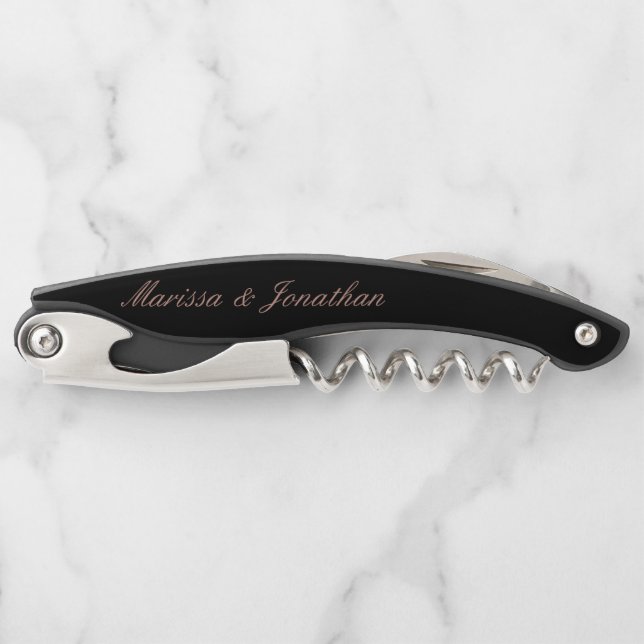 Elegant Rose Gold Script Calligraphy Black Wedding Corkscrew (Front)
