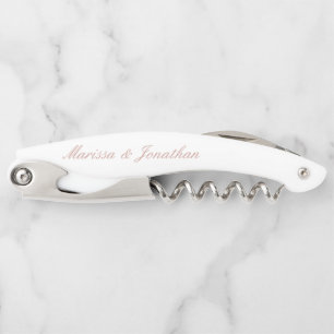 Elegant Rose Gold Script Calligraphy White Wedding Corkscrew