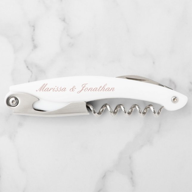 Elegant Rose Gold Script Calligraphy White Wedding Corkscrew (Front)
