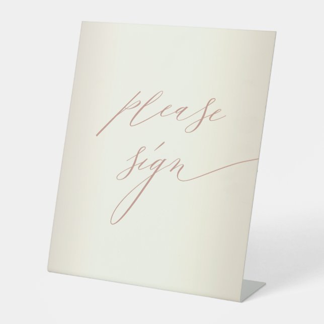 Elegant Rose Gold Script Champagne Wedding Guest Pedestal Sign (Front)