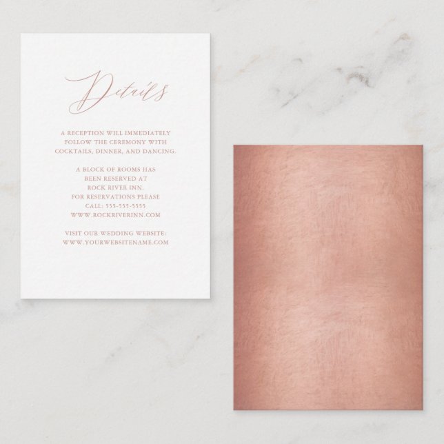 Elegant Rose Gold Script Metallic Wedding Details Enclosure Card (Front/Back)