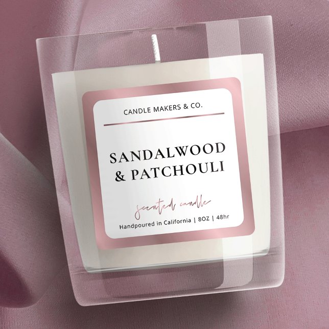 Elegant Rose Gold Script Minimal Modern Candle Jar Square Sticker (Elegant rose gold effect candle label)
