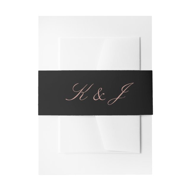 Elegant Rose Gold Script Monogram Black Wedding Invitation Belly Band (Front Example)