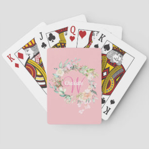 Elegant Rose Gold Script Monogram Floral Playing Cards