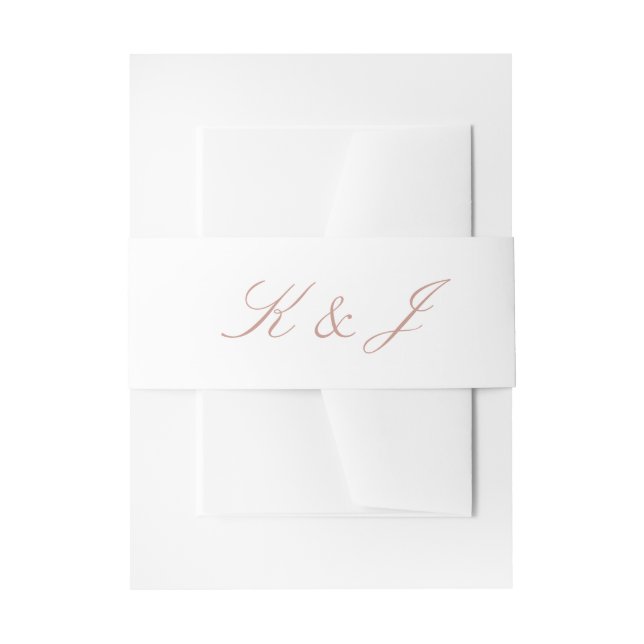 Elegant Rose Gold Script Monogram White Wedding Invitation Belly Band (Front Example)