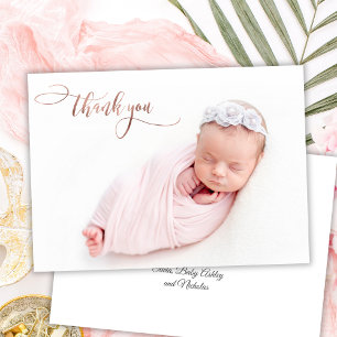 Elegant Rose Gold Script New Baby Photo Thank You Card