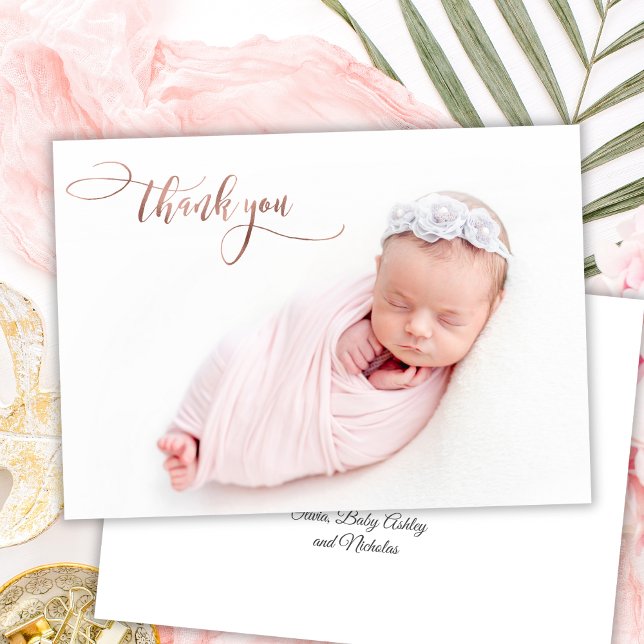 Elegant Rose Gold Script New Baby Photo Thank You Card (Creator Uploaded)