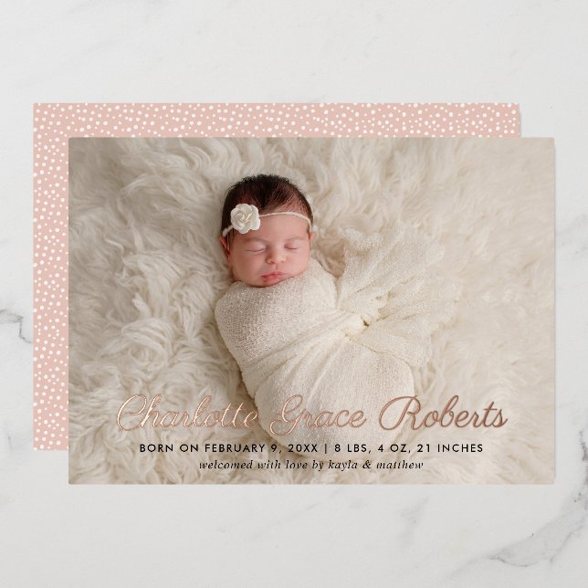 Elegant Rose Gold Script Photo Birth Announcement (Front/Back)