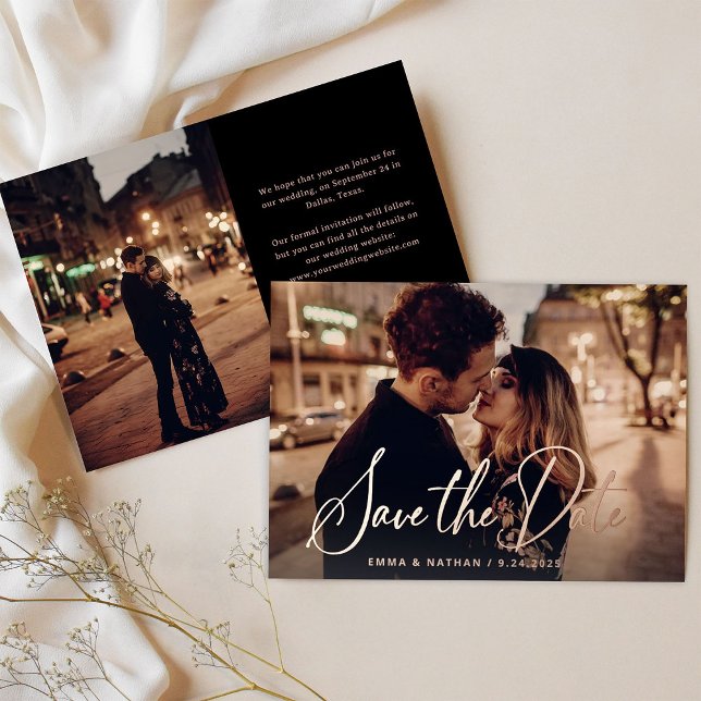 Elegant Rose Gold Script | Photo Save the Date (An elegant, real rose gold foil save the date card with two photos)