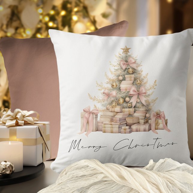 Elegant Rose Gold Script Tree Merry Christmas Cushion (Front and back view)