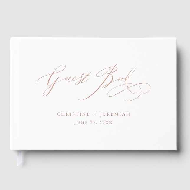 Elegant Rose Gold Script Typography White Wedding Guest Book (Front)