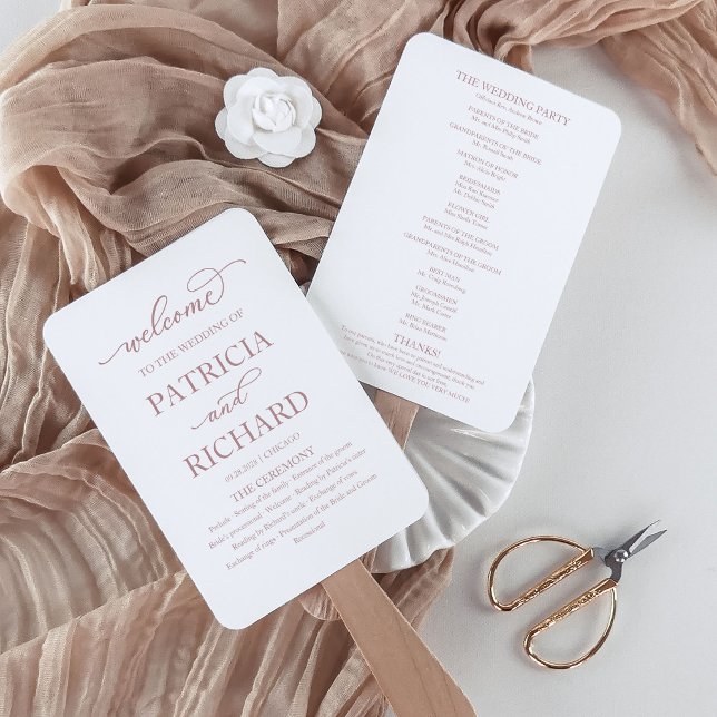 Elegant Rose Gold Script Wedding Program Hand Fan (Creator Uploaded)