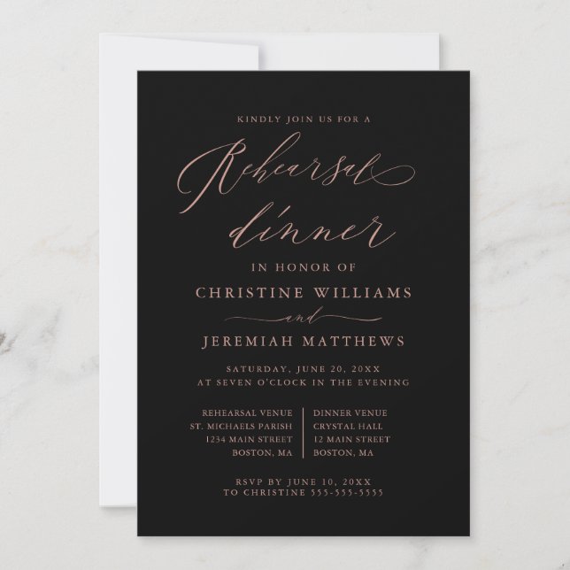 Elegant Rose Gold Script Wedding Rehearsal Dinner Invitation (Front)