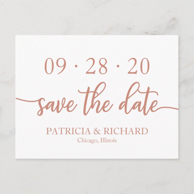 Elegant Rose Gold Script Wedding Save The Date Postcard (Front)
