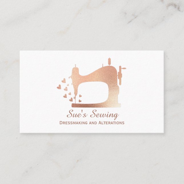 Elegant Rose Gold Sewing Machine Business Card (Front)