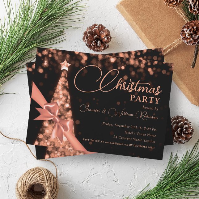 Elegant Rose Gold Shimmering Xmas Tree Holiday  Invitation (Elegant Rose Gold Shimmering Xmas Tree Holiday Invitation)