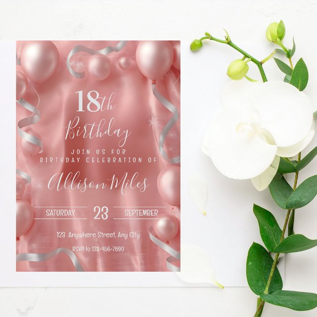 Elegant Rose Gold & Silver Balloon 18th Birthday Invitation (Creator Uploaded)
