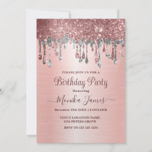 Elegant Rose Gold Silver Glitter Drips Birthday Invitation