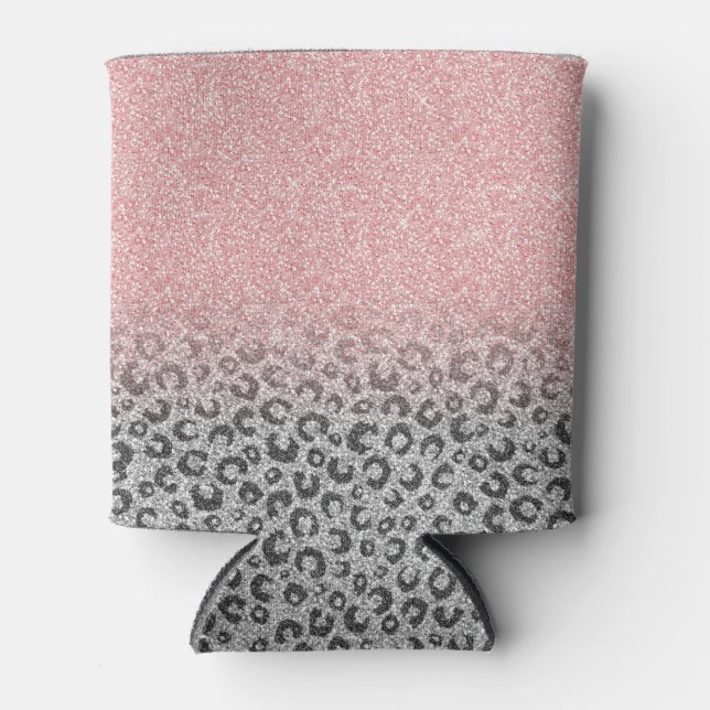  Elegant Rose Gold Silver Glitter Leopard Print Can Cooler (Front)
