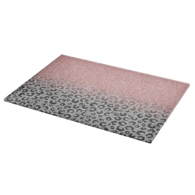  Elegant Rose Gold Silver Glitter Leopard Print Cutting Board (Corner)