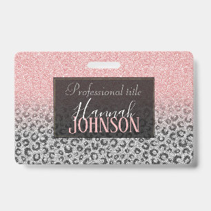 Elegant Rose Gold & Silver Glitter Leopard Print ID Badge